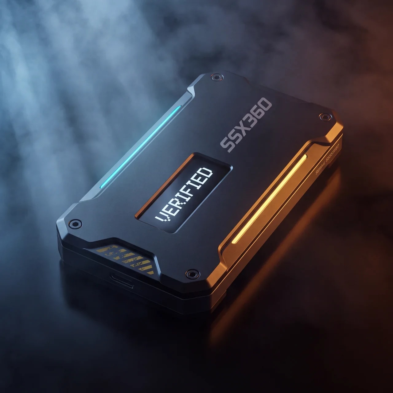 Finished SSX360 USB signer in a black enclosure with blue and amber status lighting